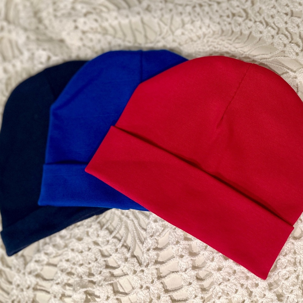 Set of Three Beanies in Red, Blue, and Navy